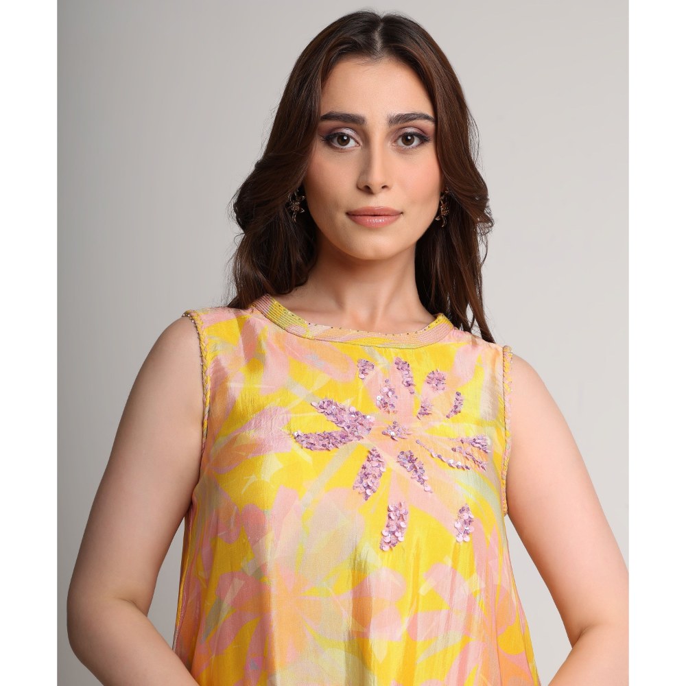 KOSWI Yellow Abstract Floral Print Top