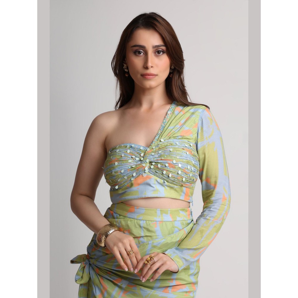 KOSWI Green Blue Abstract Print Crop Top