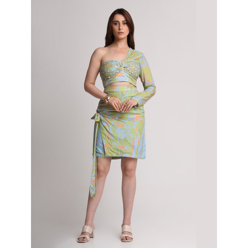 KOSWI Green Blue Abstract Print Crop Top