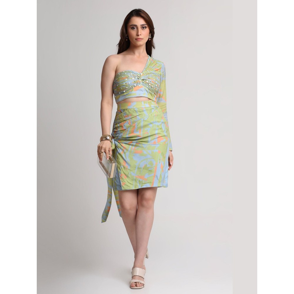 KOSWI Green Blue Abstract Print Crop Top