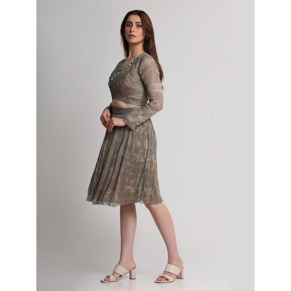 KOSWI Pearl Mouse Grey Abstract Print Overlap Crop Top