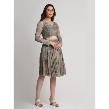 KOSWI Pearl Mouse Grey Abstract Print Overlap Crop Top
