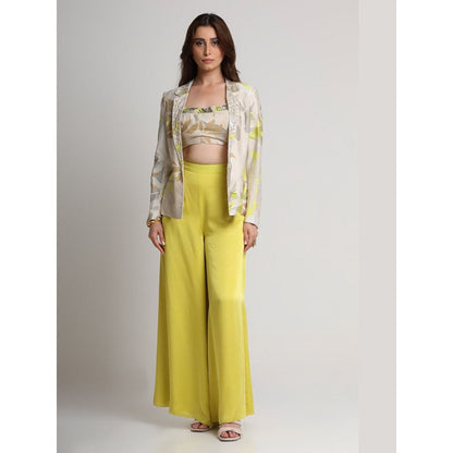 KOSWI Women Beige Viscose Embellished Bustier with Blazer and Pant