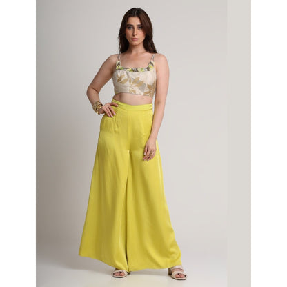 KOSWI Women Beige Viscose Embellished Bustier with Pant