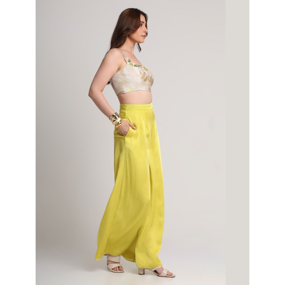 KOSWI Women Beige Viscose Embellished Bustier with Pant