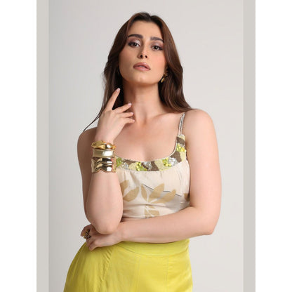 KOSWI Women Beige Viscose Embellished Bustier with Pant