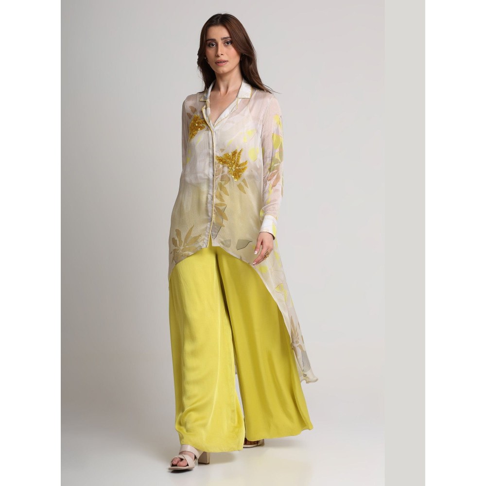 KOSWI Women Beige Viscose Embellished Shirt with Pant