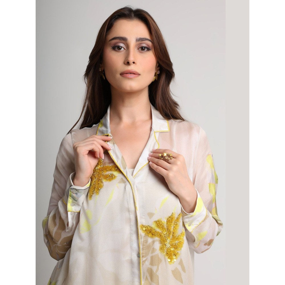 KOSWI Women Beige Viscose Embellished Shirt with Pant