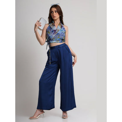 KOSWI Women Blue Viscose Embellished Crop Top with Pant