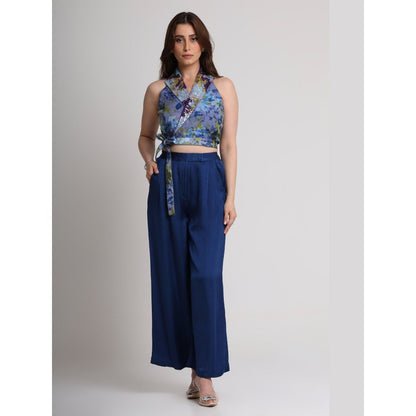 KOSWI Women Blue Viscose Embellished Crop Top with Pant
