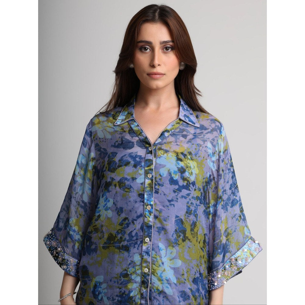 KOSWI Women Blue Viscose Floral Printed Co-Ord Set