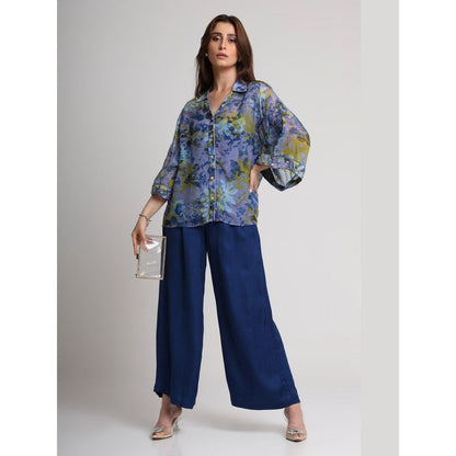 KOSWI Women Blue Viscose Floral Printed Shirt with Pant