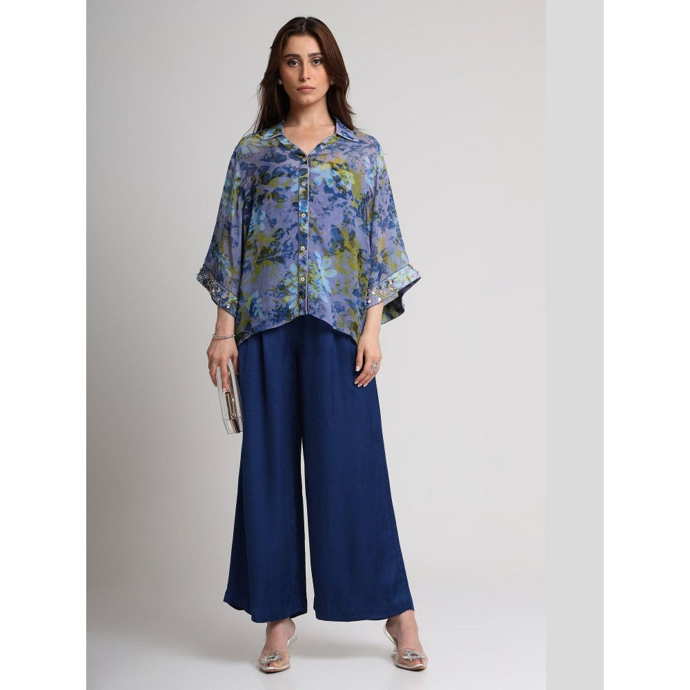 KOSWI Women Blue Viscose Floral Printed Shirt with Pant