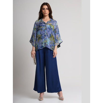 KOSWI Women Blue Viscose Floral Printed Shirt with Pant