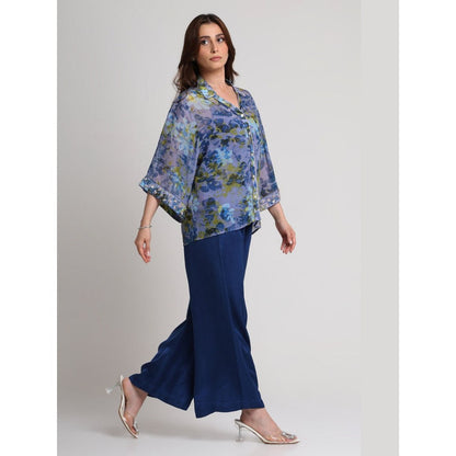 KOSWI Women Blue Viscose Floral Printed Shirt with Pant