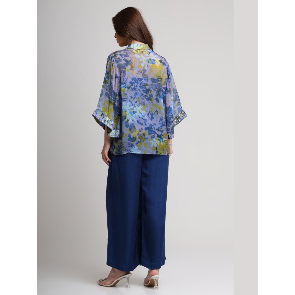KOSWI Women Blue Viscose Floral Printed Shirt with Pant