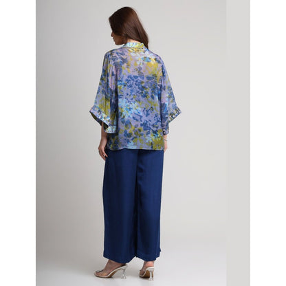 KOSWI Women Blue Viscose Floral Printed Shirt with Pant