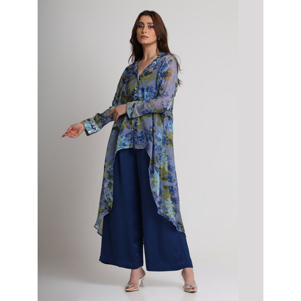 KOSWI Women Blue Viscose Floral Printed Tunic with Pant