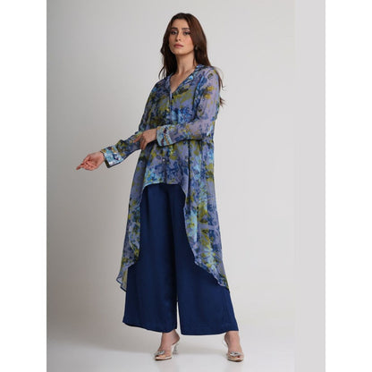 KOSWI Women Blue Viscose Floral Printed Tunic with Pant
