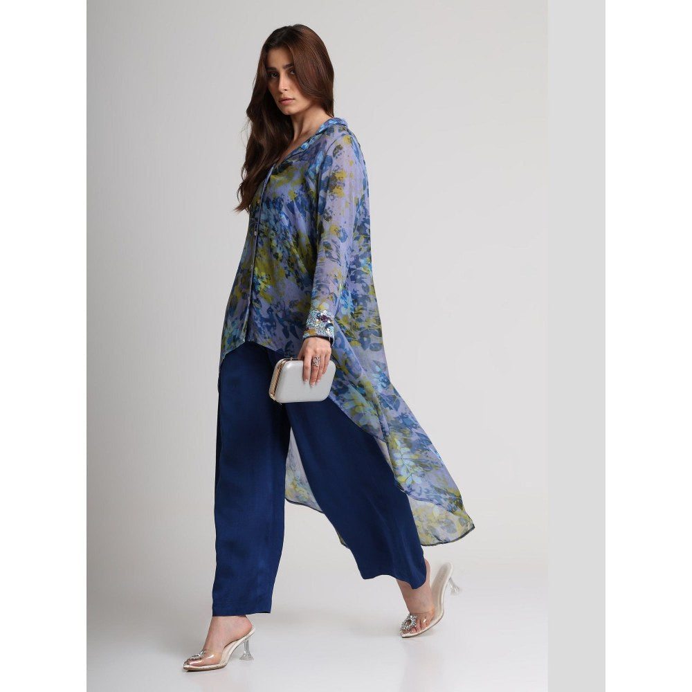 KOSWI Women Blue Viscose Floral Printed Tunic with Pant