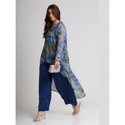 KOSWI Women Blue Viscose Floral Printed Tunic with Pant