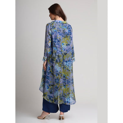 KOSWI Women Blue Viscose Floral Printed Tunic with Pant
