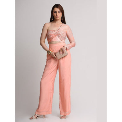 KOSWI Women Peach Viscose Embellished Crop Top with Pant