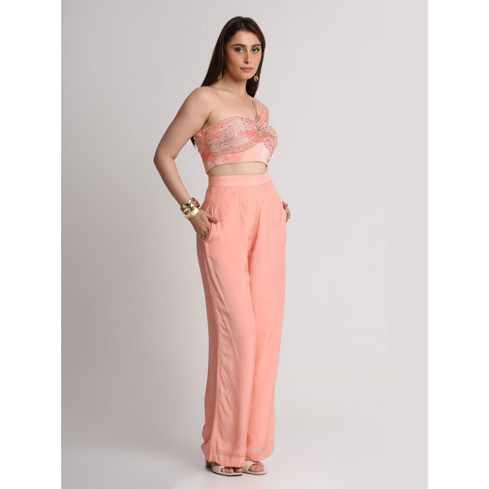 KOSWI Women Peach Viscose Embellished Crop Top with Pant