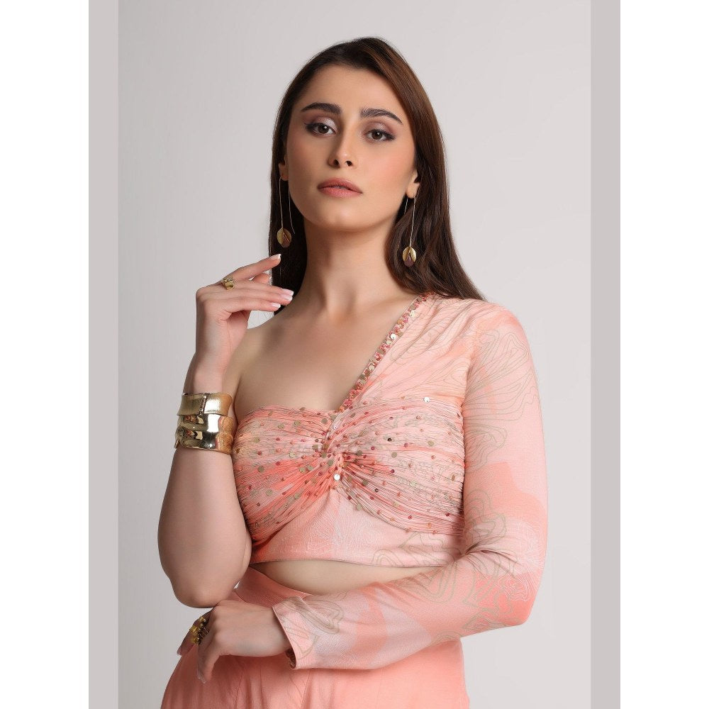 KOSWI Women Peach Viscose Embellished Crop Top with Pant