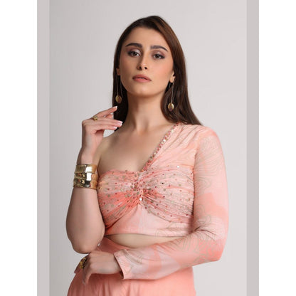 KOSWI Women Peach Viscose Embellished Crop Top with Pant