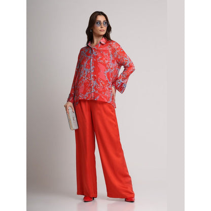 KOSWI Women Red Viscose Abstract Printed Shirt with Pant