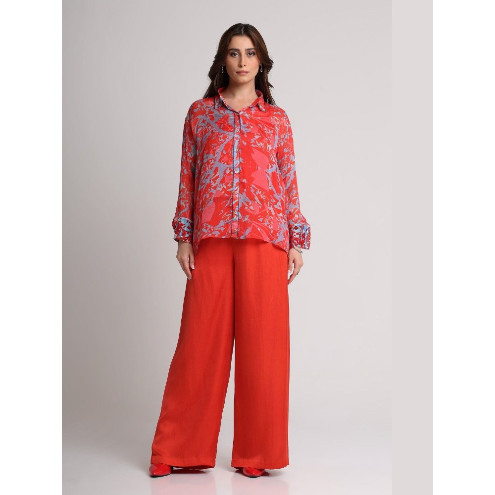 KOSWI Women Red Viscose Abstract Printed Shirt with Pant