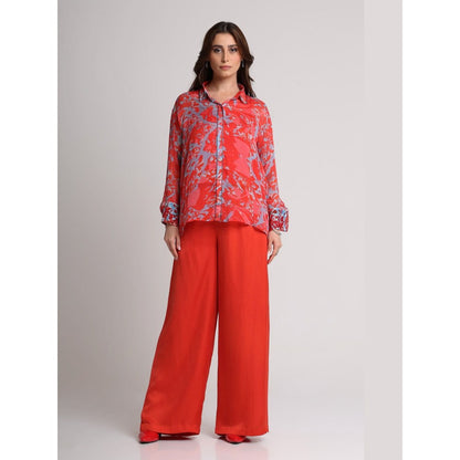 KOSWI Women Red Viscose Abstract Printed Shirt with Pant
