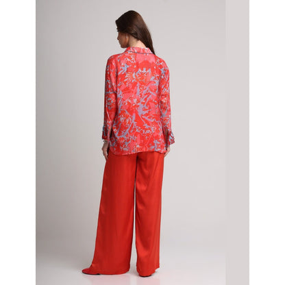 KOSWI Women Red Viscose Abstract Printed Shirt with Pant