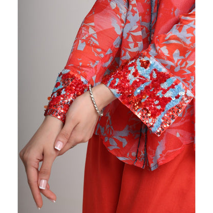 KOSWI Women Red Viscose Abstract Printed Shirt with Pant