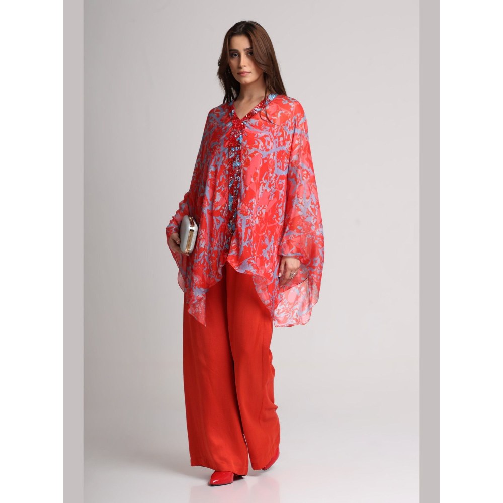 KOSWI Women Red Viscose Embellished Kaftan with Pant