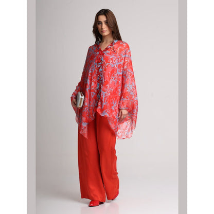 KOSWI Women Red Viscose Embellished Kaftan with Pant