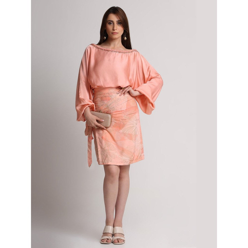KOSWI Women Peach Viscose Embellished Top with Skirt