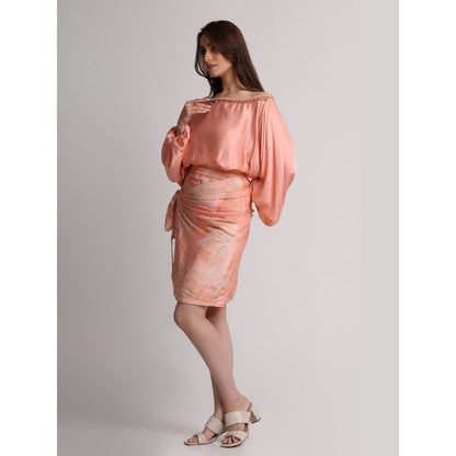 KOSWI Women Peach Viscose Embellished Top with Skirt
