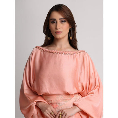 KOSWI Women Peach Viscose Embellished Top with Skirt