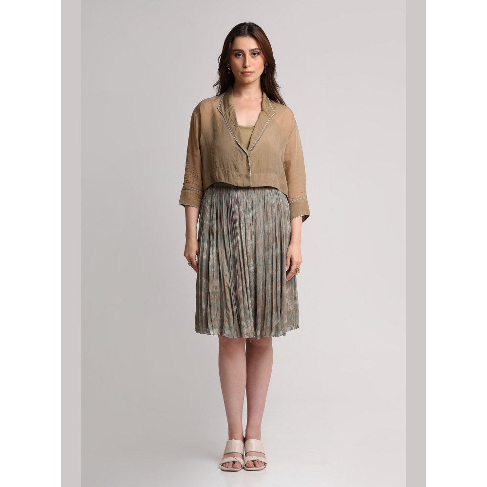 KOSWI Women Brown Viscose Solid Shirt with Inner Top and Skirt