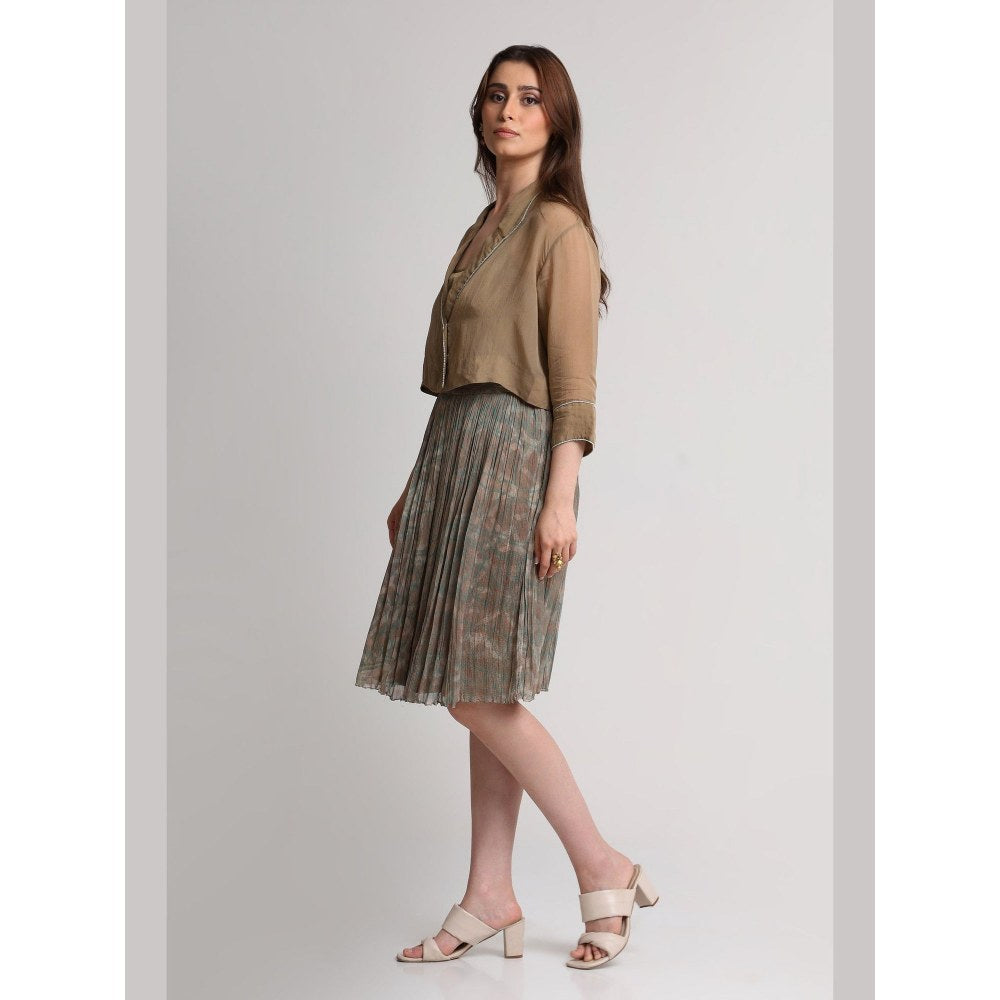 KOSWI Women Brown Viscose Solid Shirt with Inner Top and Skirt