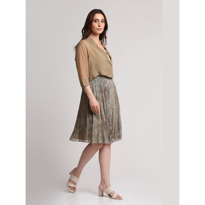 KOSWI Women Brown Viscose Solid Shirt with Inner Top and Skirt