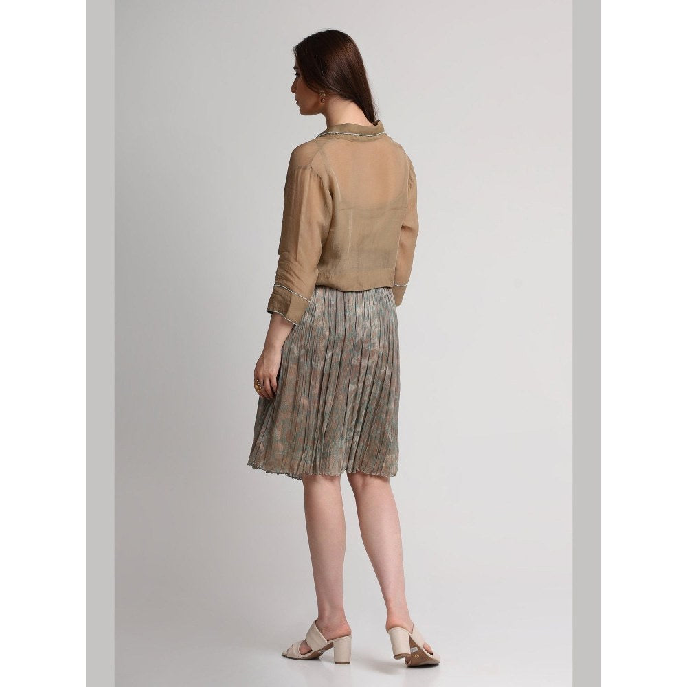 KOSWI Women Brown Viscose Solid Shirt with Inner Top and Skirt