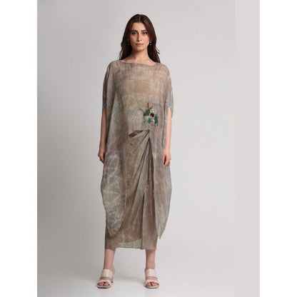 KOSWI Women Beige Viscose Embellished Kaftan with Skirt