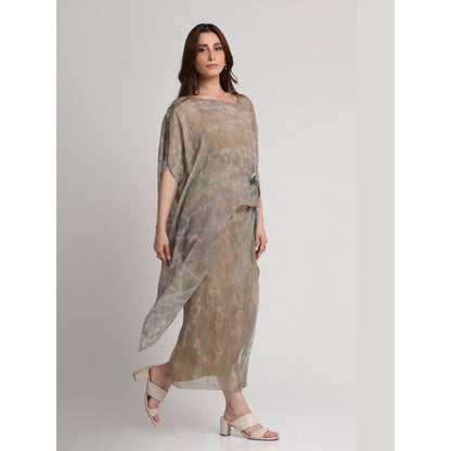 KOSWI Women Beige Viscose Embellished Kaftan with Skirt