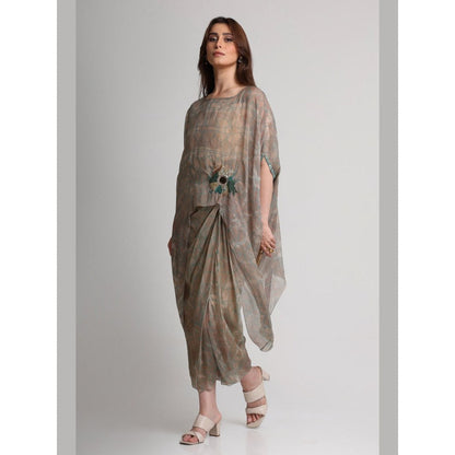 KOSWI Women Beige Viscose Embellished Kaftan with Skirt