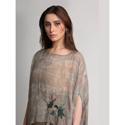 KOSWI Women Beige Viscose Embellished Kaftan with Skirt