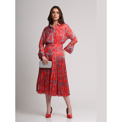 KOSWI Women Red Viscose Abstract Printed Shirt with Skirt
