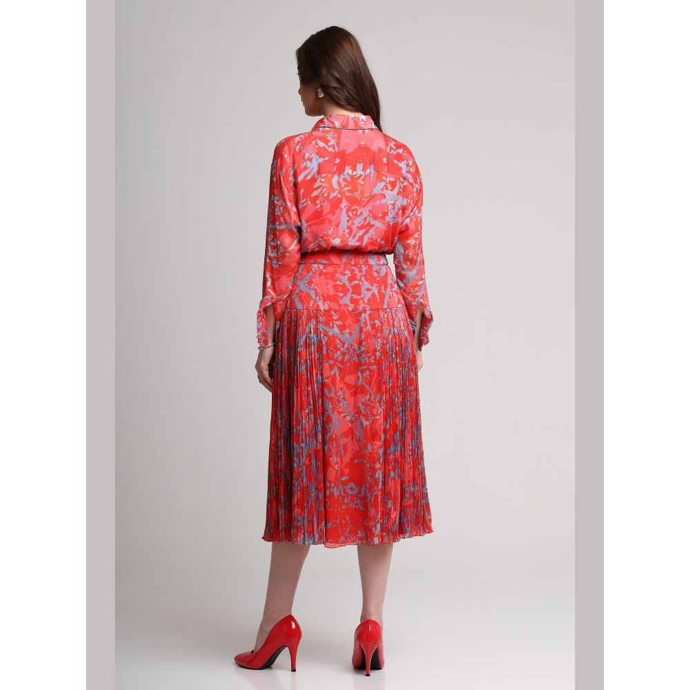 KOSWI Women Red Viscose Abstract Printed Shirt with Skirt